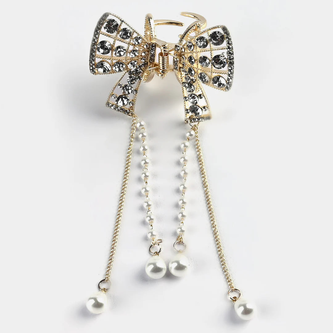 ✨ Crystal Bow Hair Claw Clip with Pearl Dangles – Elegant & Chic